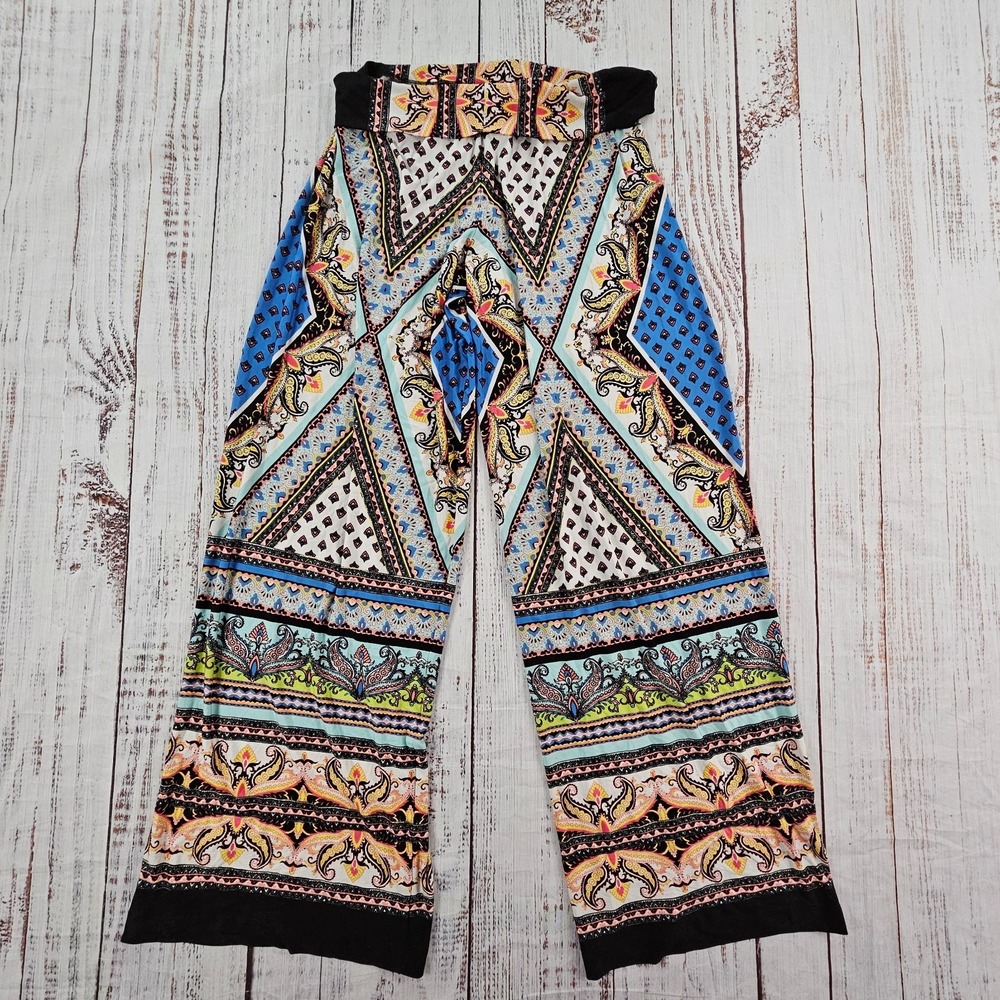 Analili Boho Tribal Artsy Festival Foldover Waist Flowy Wide Leg Palazzo Pants M